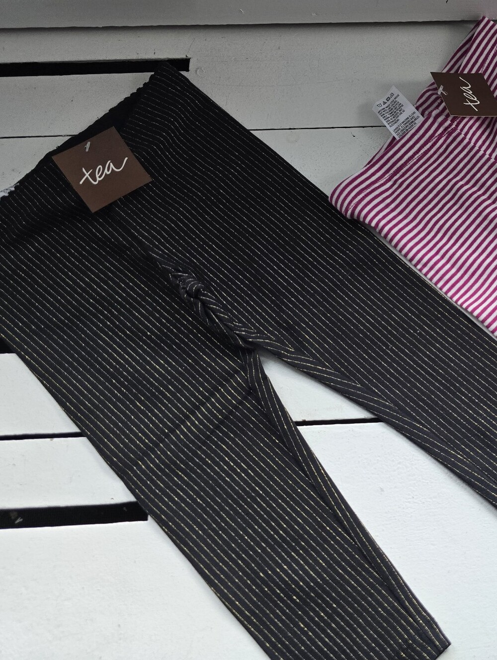Tea Collection Black Leggings with Gold Pinstripes